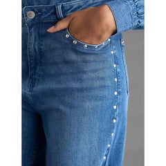 MAX FASHION Studded Wide Leg Jeans-Blue