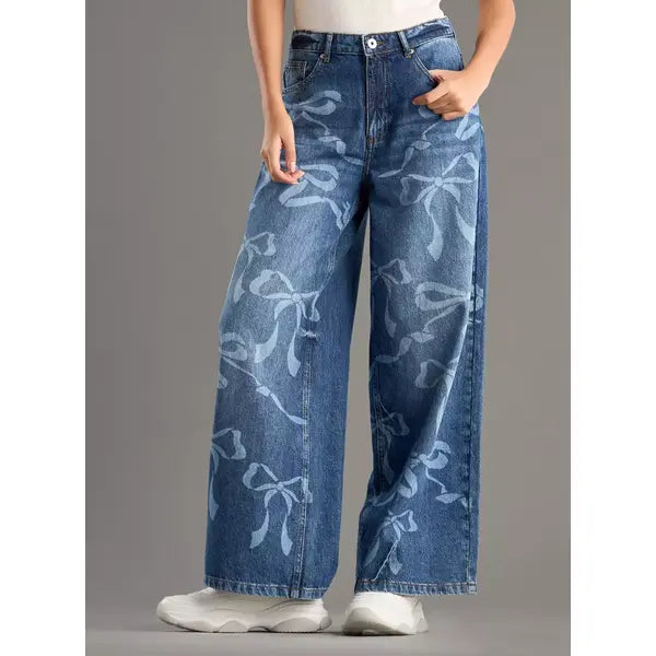 MAX FASHION Bow Print Wide Leg Jeans with Pockets-Blue