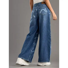 MAX FASHION Bow Print Wide Leg Jeans with Pockets-Blue