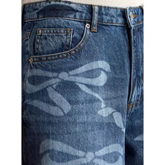 MAX FASHION Bow Print Wide Leg Jeans with Pockets-Blue