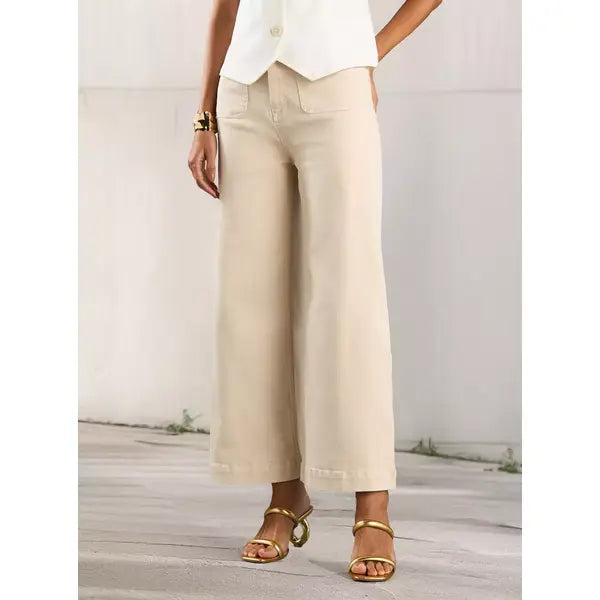 MAX FASHION Plain Wide Leg Jeans-Cream