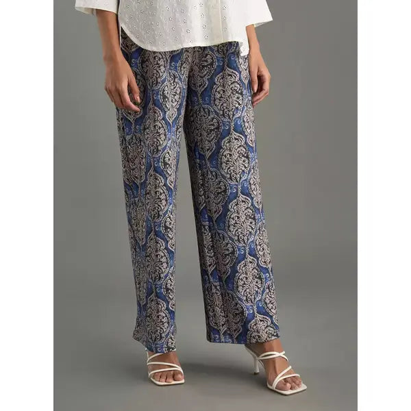 MAX FASHION All-Over Print Wide Leg Maternity Pants with Pockets-Blue