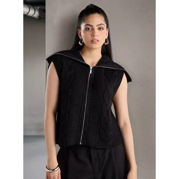 Zip Through Cable Knit Sweater Vest