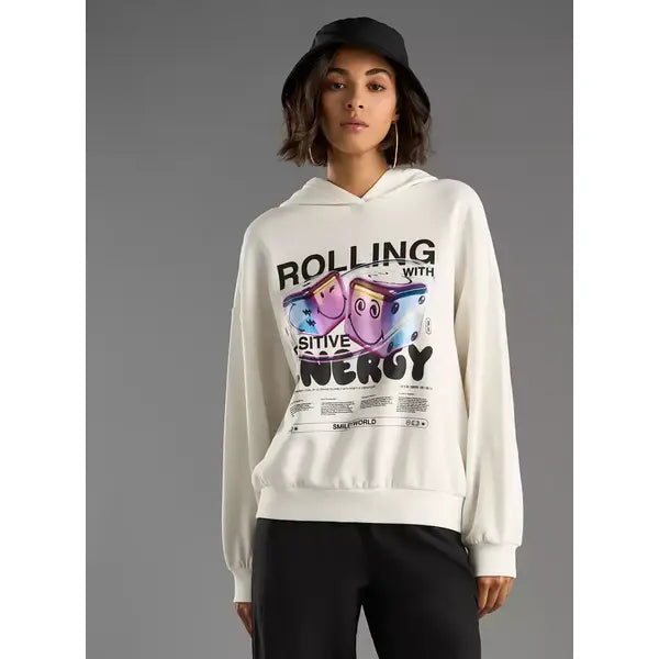MAX FASHION Graphic Print Oversized Hooded Sweatshirt-White