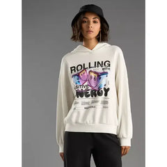 MAX FASHION Graphic Print Oversized Hooded Sweatshirt-White