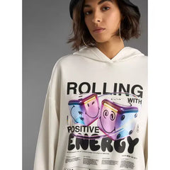 MAX FASHION Graphic Print Oversized Hooded Sweatshirt-White