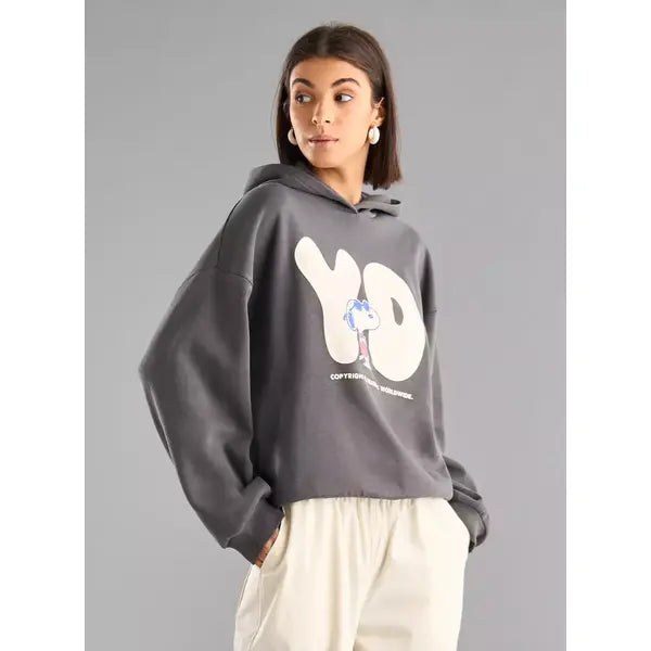 MAX FASHION Snoopy Print Hooded Sweatshirt-Gray