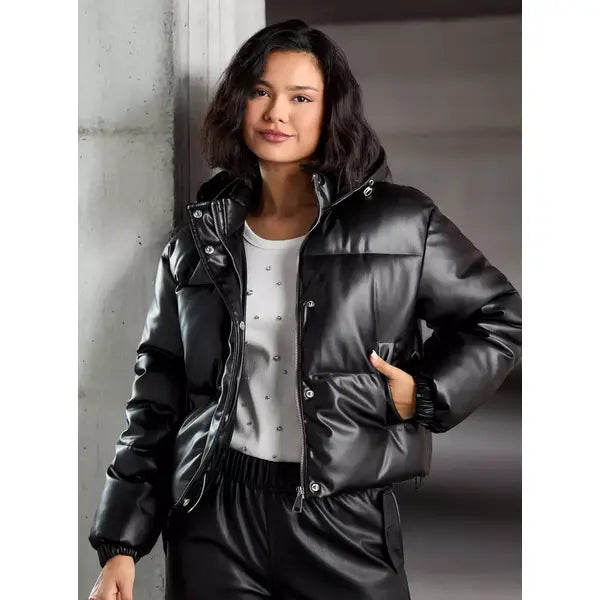 MAX FASHION Plain Zip Through Puffer Jacket with Pockets-Black