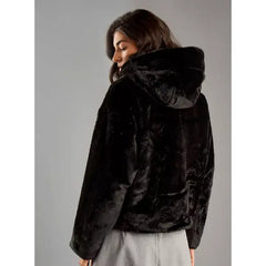 MAX FASHION Faux Fur Textured Zip Through Hooded Jacket-Black