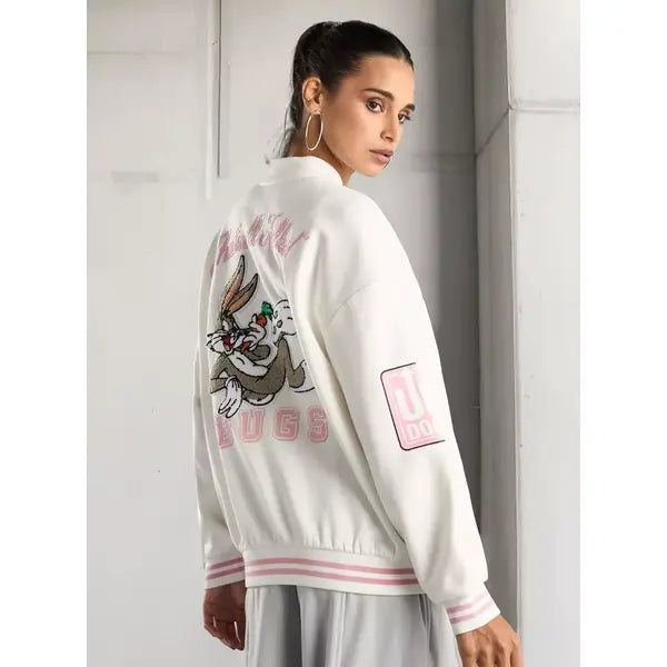 MAX FASHION Looney Tunes Embroidered Bomber Jacket-White