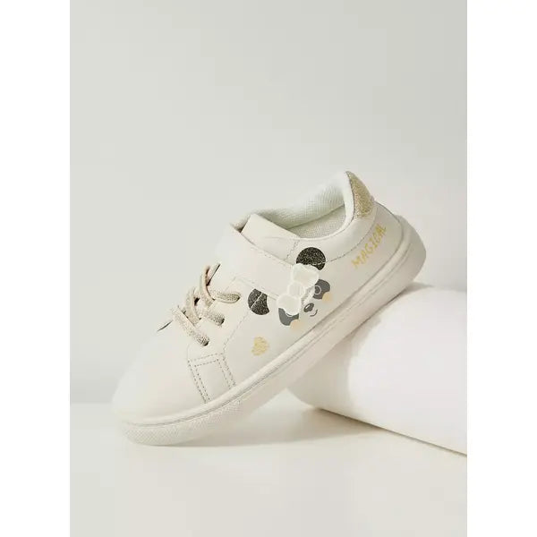 Panda Print Sneakers with Hook and Loop Closure Cream