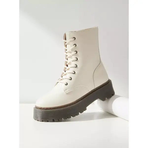 MAX FASHION Plain Ankle Boots with Lace Detail and Zip Closure-Cream