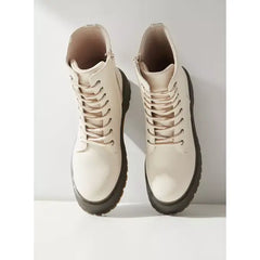 MAX FASHION Plain Ankle Boots with Lace Detail and Zip Closure-Cream