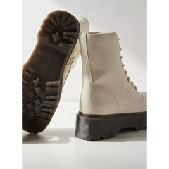 MAX FASHION Plain Ankle Boots with Lace Detail and Zip Closure-Cream