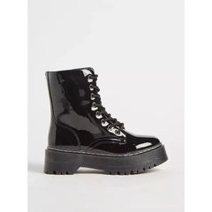 MAX FASHION Plain Ankle Boots with Lace-Up Closure-Black