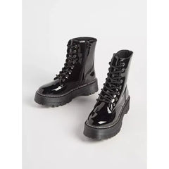 MAX FASHION Plain Ankle Boots with Lace-Up Closure-Black
