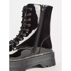 MAX FASHION Plain Ankle Boots with Lace-Up Closure-Black