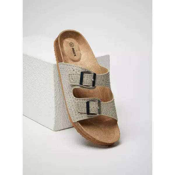 MAX FASHION Embellished Cork Sandals with Buckle Closure-Cream