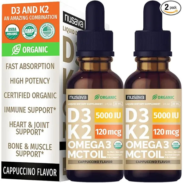 NUSAVA Organic Vitamin D3 K2 Drops with MCT Oil Omega 3, 5000 IU, Maximum Strength Vitamin D Liquid, No Fillers, Non GMO Liquid D3 for Faster Absorption, Immune Support