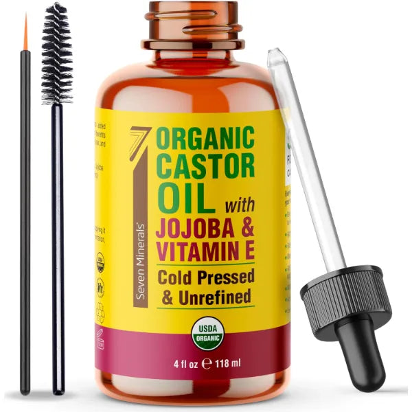 Seven Minerals Organic Castor Oil for Hair, Lashes & Brows – 100% Pure Cold Pressed with Vitamin E & Botanical Oils | Hydrating Growth Serum (4 fl oz)