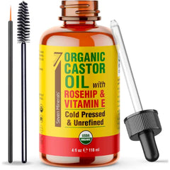 Seven Minerals Organic Castor Oil for Hair, Lashes & Brows – 100% Pure Cold Pressed with Vitamin E & Botanical Oils | Hydrating Growth Serum (4 fl oz)