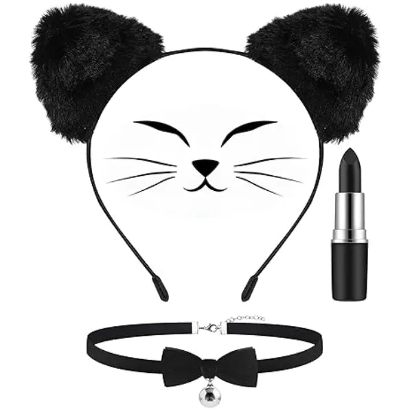 Mysense Black Cat Costume Accessories for Women Girls,Furry Cat Ears Headband,Bell Choker Necklace&Black Lipstick for Halloween Costumes Party Cosplay Makeup