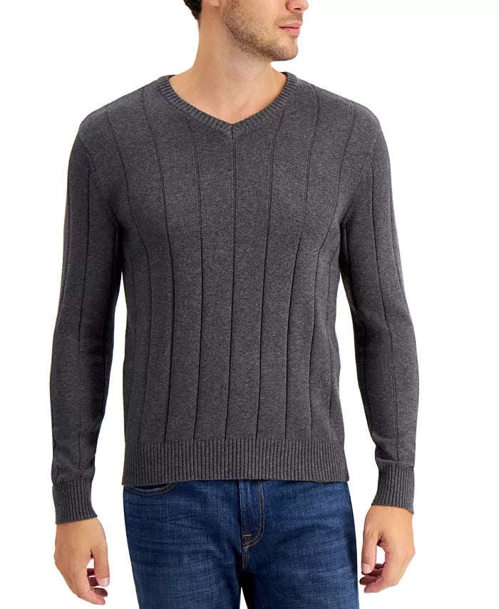 Men's Drop-Needle V-Neck Cotton Sweater