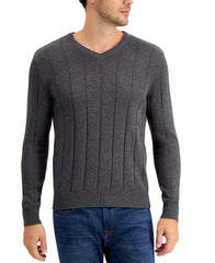 Men's Drop-Needle V-Neck Cotton Sweater