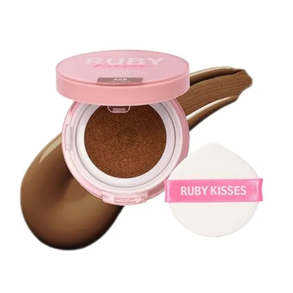Ruby Kisses Cushion Foundation, Full Coverage Korean Makeup, Lightweight & Long Lasting, All Day Natural Glowy Finish for All Skin Types with Hyaluronic Acid & Bakuchiol
