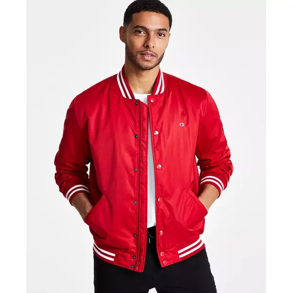 Men's Classic Logo Striped-Trim Varsity Jacket