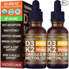 NUSAVA Organic Vitamin D3 K2 Drops with MCT Oil Omega 3, 5000 IU, Maximum Strength Vitamin D Liquid, No Fillers, Non GMO Liquid D3 for Faster Absorption, Immune Support