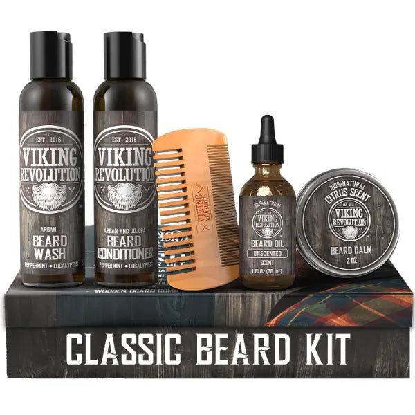 Viking Revolution Ultimate Conditioner for Men's Beard Grooming - Softens, Smoothes and Soothes - Contains Beard Wash and Conditioner (5oz Set), Beard Oil, Balm and Wooden Comb
