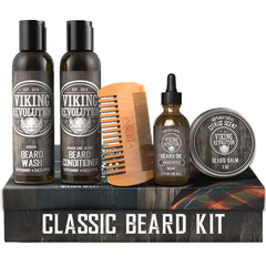Viking Revolution Ultimate Conditioner for Men's Beard Grooming - Softens, Smoothes and Soothes - Contains Beard Wash and Conditioner (5oz Set), Beard Oil, Balm and Wooden Comb