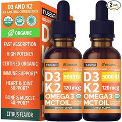 NUSAVA Organic Vitamin D3 K2 Drops with MCT Oil Omega 3, 5000 IU, Maximum Strength Vitamin D Liquid, No Fillers, Non GMO Liquid D3 for Faster Absorption, Immune Support