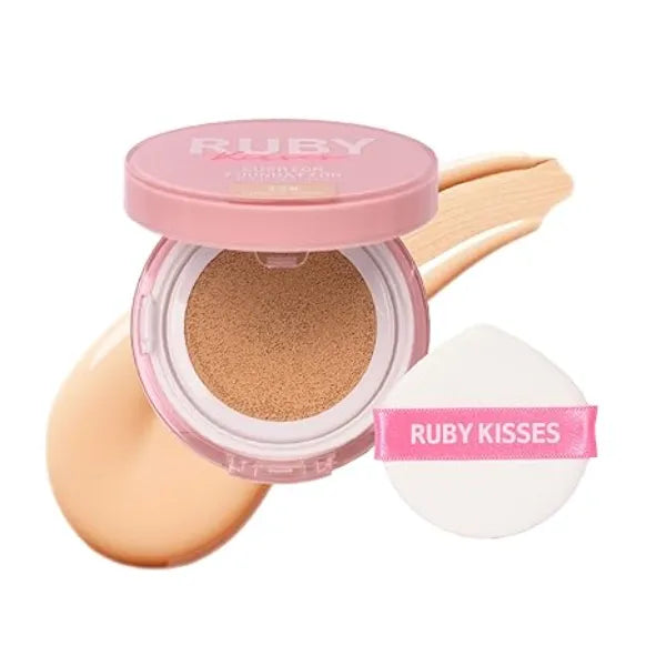 Ruby Kisses Cushion Foundation, Full Coverage Korean Makeup, Lightweight & Long Lasting, All Day Natural Glowy Finish for All Skin Types with Hyaluronic Acid & Bakuchiol
