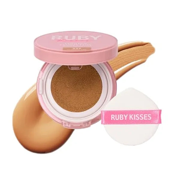 Ruby Kisses Cushion Foundation, Full Coverage Korean Makeup, Lightweight & Long Lasting, All Day Natural Glowy Finish for All Skin Types with Hyaluronic Acid & Bakuchiol