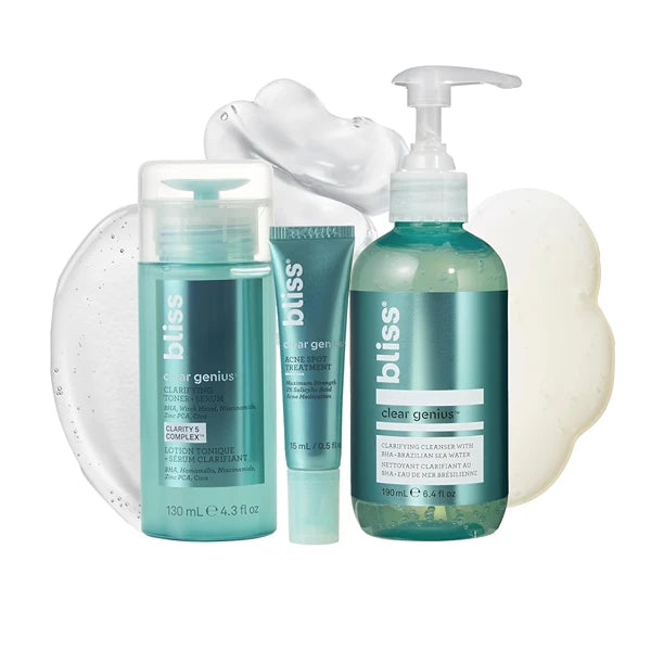Bliss Clear Genius Daily Acne Routine Kit – Cleanser, Clarifying Toner + Serum & Spot Treatment | Pore Purifying, Oil-Control, Clean Vegan & Cruelty-Free Skincare Set