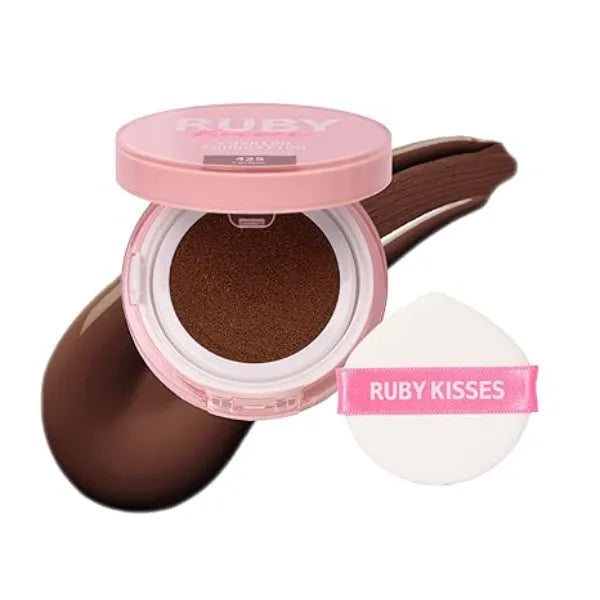 Ruby Kisses Cushion Foundation, Full Coverage Korean Makeup, Lightweight & Long Lasting, All Day Natural Glowy Finish for All Skin Types with Hyaluronic Acid & Bakuchiol