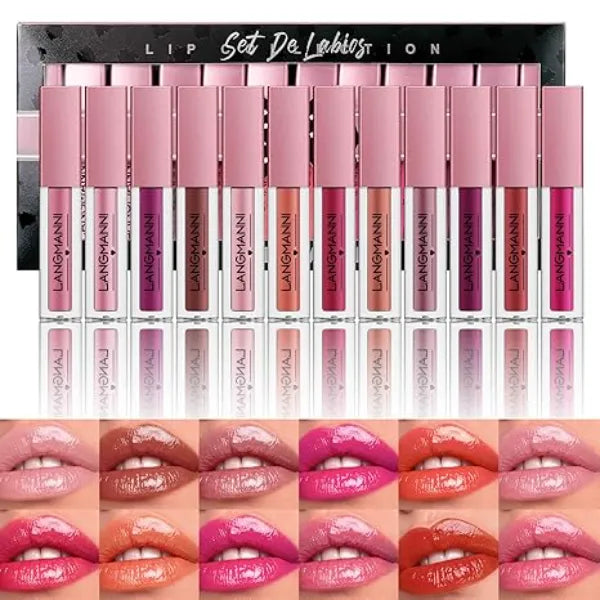 LANGMANNI 12Pcs Lip gloss Collection Makeup Set, Shiny Smooth Soft Liquid Lip Glosses Lip Stain With Rich Varied Colors For Girls And Women Makeup