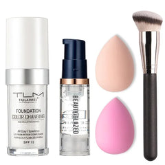 BestLand 5PCS Liquid Foundation Set - Matte Full Coverage Oil Control Breathable Invisible Cover Concealer with Face Primer, Foundation Brush, Makeup Sponge , Makeup Sponge(101 Porcelain Makeup Set) & (102 Nude)