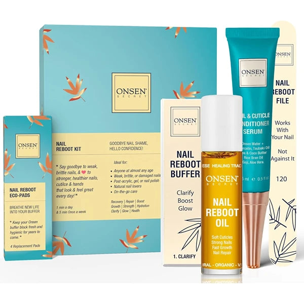 Onsen Secret Complete Nail Reboot & Care Kit – Cuticle Oil, Cuticle Serum, Nail File, 3-Way Buffer Block, Shine Kit & Hand Lotion | Professional Spa-Quality Manicure Set with Organic Ingredients