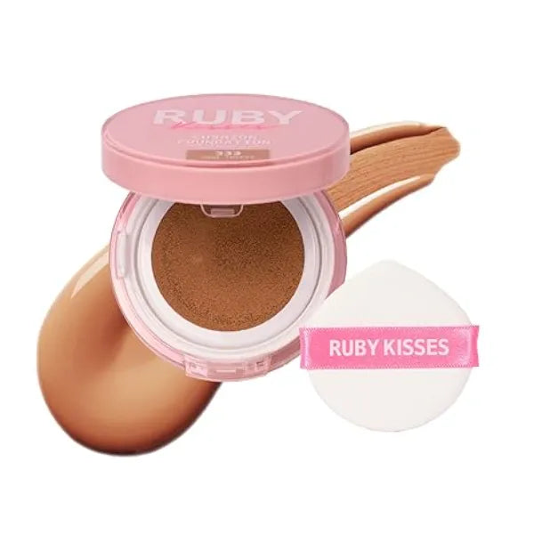 Ruby Kisses Cushion Foundation, Full Coverage Korean Makeup, Lightweight & Long Lasting, All Day Natural Glowy Finish for All Skin Types with Hyaluronic Acid & Bakuchiol