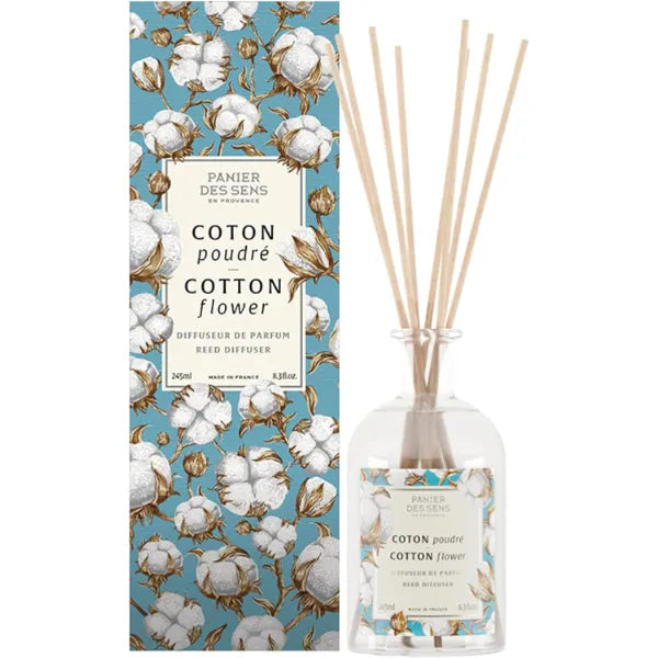 Panier des Sens - Cotton Flower Reed Diffuser 8.1 fl.oz – Long Lasting Fragrance 5+ Months - Elegant Home Decor - Oil-Based Scent Diffuser - Made in France Home Fragrance - 90% Natural Ingredients