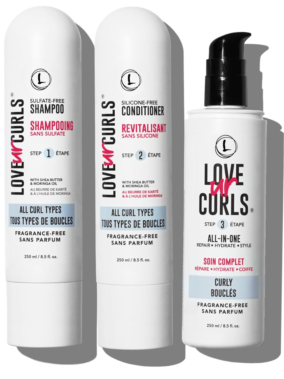 Love Ur Curls Fragrance Free Shampoo and Conditioner Set with All in One Curl Cream Styler for Curly Hair, 3 Step System to Repair(250 mL)