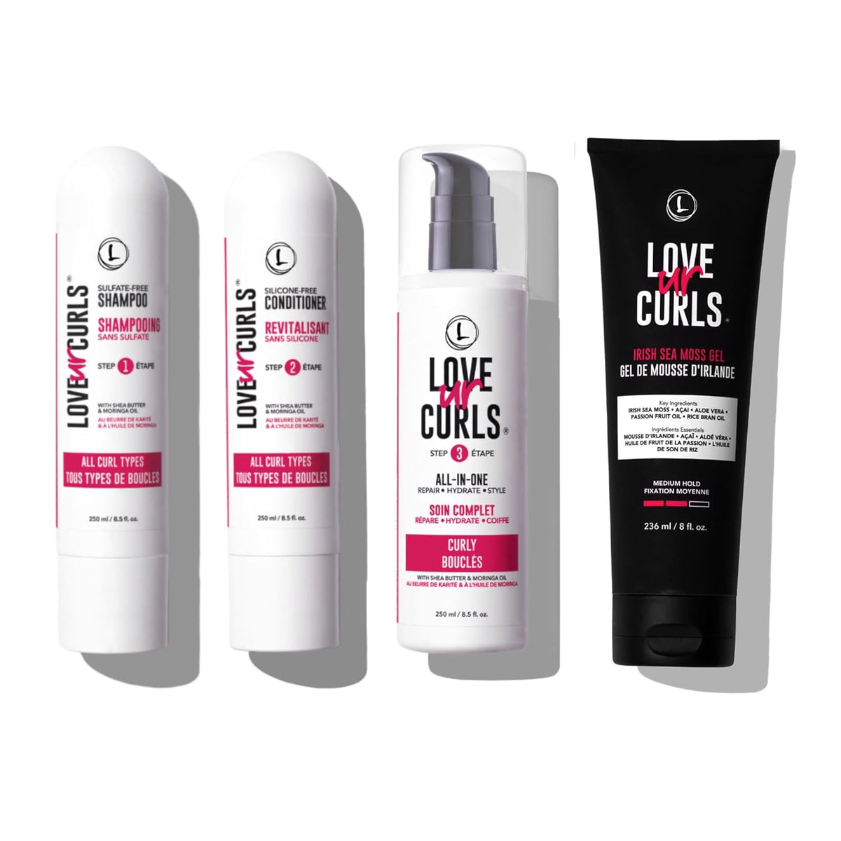 Love Ur Curls - Shampoo, Conditioner, All In One Styler to repair, define and hydrate hair and Irish Sea Moss Gel for touchable hold 250ml