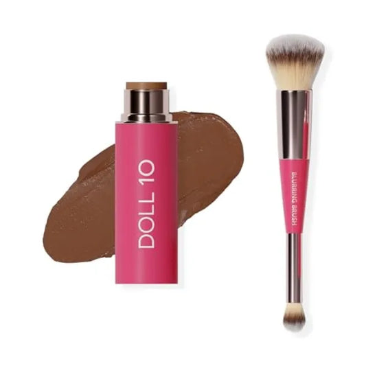 DOLL 10 Peptide Blur Stick Foundation + Blurring Brush, Medium Buildable Coverage, Soft-Focus Pore Blurring, Skincare-Infused Hydrating Foundation for Mature & Textured Skin, Clean Makeup 0.29 oz