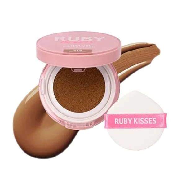 Ruby Kisses Cushion Foundation, Full Coverage Korean Makeup, Lightweight & Long Lasting, All Day Natural Glowy Finish for All Skin Types with Hyaluronic Acid & Bakuchiol