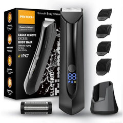PRITECH Body Hair Trimmer for Men: Waterproof Groin & Ball Shaver with Ceramic Blade & Charging Dock - Cordless Wet/Dry Male Hygiene Groomer