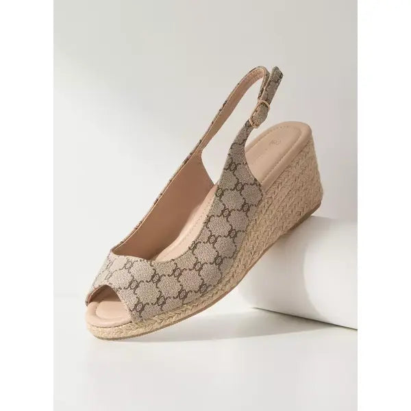MAX FASHION Printed Slingback Sandals with Wedge Heels and Buckle Closure-Beige