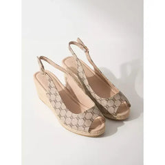 MAX FASHION Printed Slingback Sandals with Wedge Heels and Buckle Closure-Beige